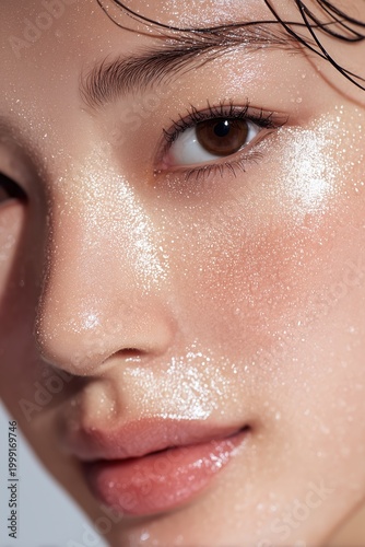 Radiant Complexion: A close-up portrait of a woman's face, highlighting the dewy, luminous glow of the skin, capturing the essence of natural beauty and healthy radiance.