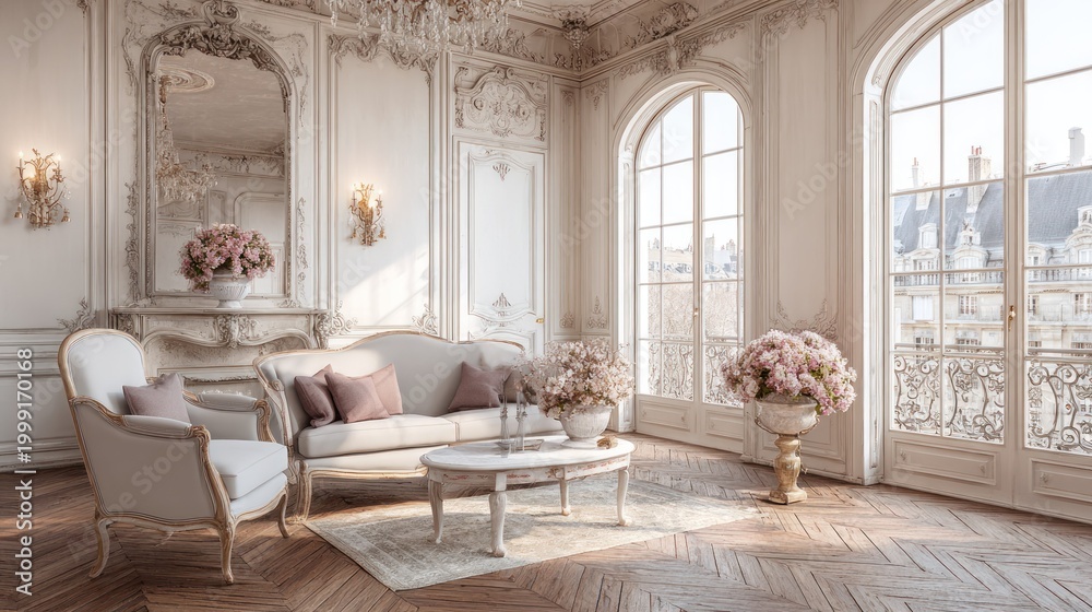 Naklejka premium Elegant interior room featuring ornate white paneling and tall arched windows overlooking city rooftops