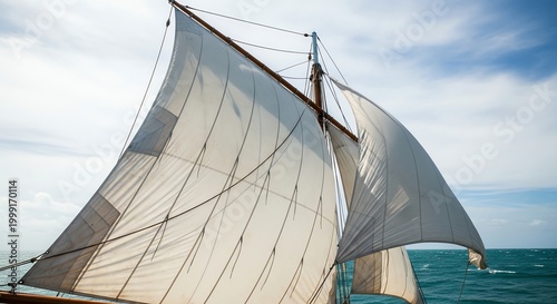 Close up of white sails on a traditional wooden sailing boat mast against a bright blue sky over the open ocean