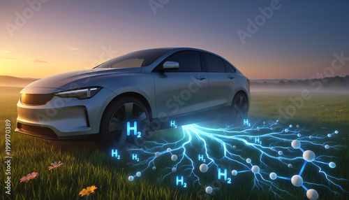 Futuristic hydrogen car on a green meadow with glowing H2 energy network symbols representing eco friendly transport