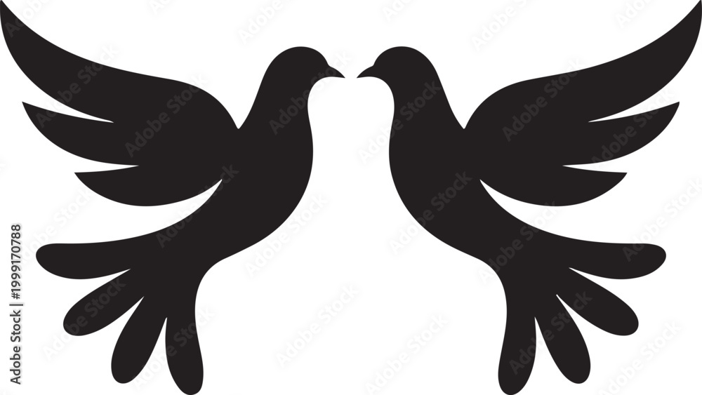 Fototapeta premium Two black silhouette doves facing each other with wings spread white bird