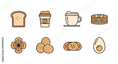 Collection Of Breakfast Food Icons Including Bread Coffee Pancakes Cookies And Egg Isolated On White Background Graphic Elements
