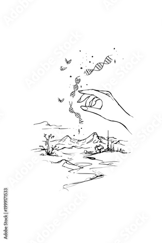 Scientist's Hand Touching Glowing DNA as a Topographic Map