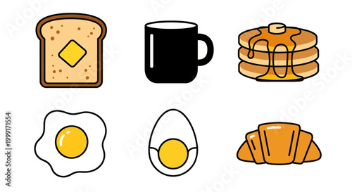 Healthy Morning Meal Collection Featuring Toasted Bread Buttered Eggs Pancakes Croissant and Coffee Cup Graphic Elements