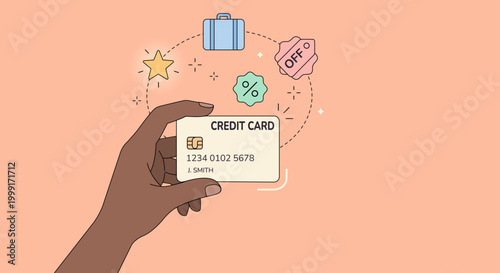 Flat vector of a credit card with reward icons like stars and discounts for loyalty programs on pastel colors