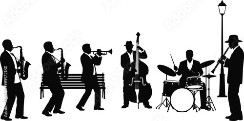 Jazz band musicians silhouette set playing instruments saxophone trumpet double bass drums street performance vintage music concept