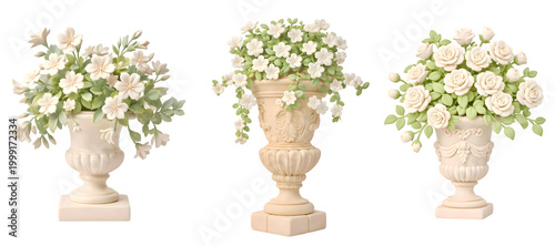 3D elegant white flowers, 3D wedding decoration, 3D floral arrangements, isolated in transparent background, PNG decoration 