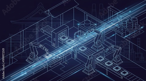 Futuristic AI Chip Manufacturing Line With Robotic Arms