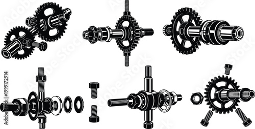 Mechanical gear assembly exploded view set with industrial machine parts, engineering components, and technical breakdown illustration isolated on white background