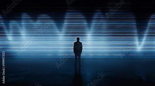 Silhouette person standing before dynamic waveform graphic abstract background
