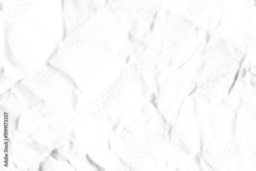 Black and white halftone crumpled paper sheet, wrinkled texture background with flowing forms