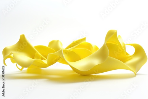 Yellow ribbon shapes create soft curves on a white background at a studio setting during daylight hours