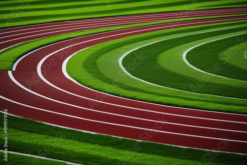 Running track with red lanes and green grass at a sports facility during a sunny day