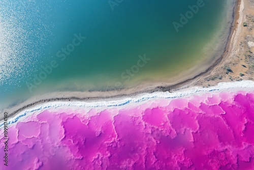 Bright pink salt lake next to green water with sandy shore under sunlight in a remote area during daytime