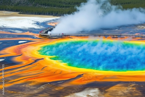 Visitors walk along the boardwalk near the Grand Prismatic Spring in Yellowstone National Park during a sunny day