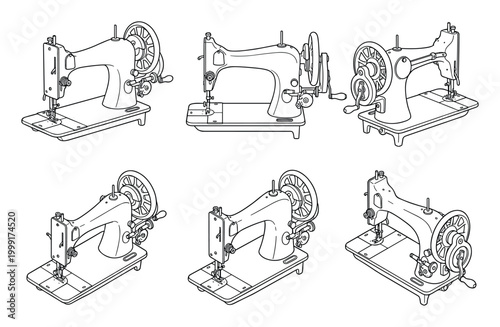 Black and white line art vector drawings of classic sewing machines.