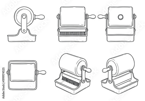 Black and white line art vector set of vintage hand-cranked brush cleaners