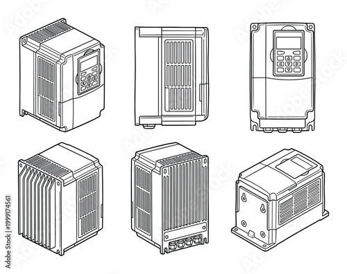 Black and white vector line art illustrations of industrial variable frequency drives from multiple views.
