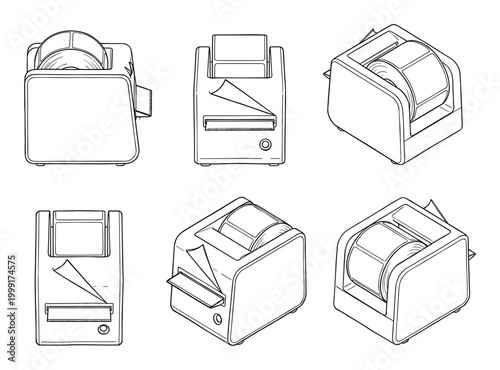 Black and white vector illustrations of label printer devices in multiple isometric and orthogonal views.