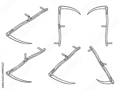 Black line vector illustrations of traditional hand scythes for farming and grass cutting.