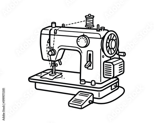 Black outline illustration of a sewing machine with a thread spool and foot pedal.