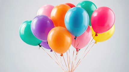 Colorful helium balloons bunch on light background with copy space, perfect for birthday party invitations, celebration banners, and festive advertising designs.