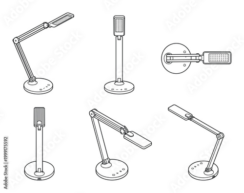 Black vector line art of a modern adjustable LED desk lamp shown in multiple configurations.