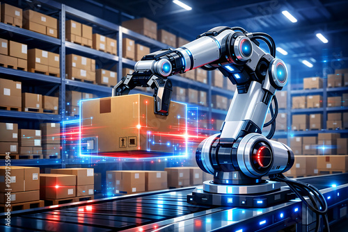 Automated robotic arm handling cardboard box in warehouse