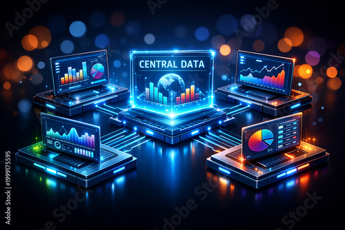 Central data hub with connected digital analytics screens