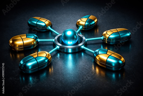Central blue sphere connected to six computer mouse peripherals