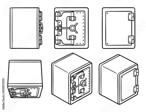 Detailed black and white vector line art illustrations of a security safe from multiple angles