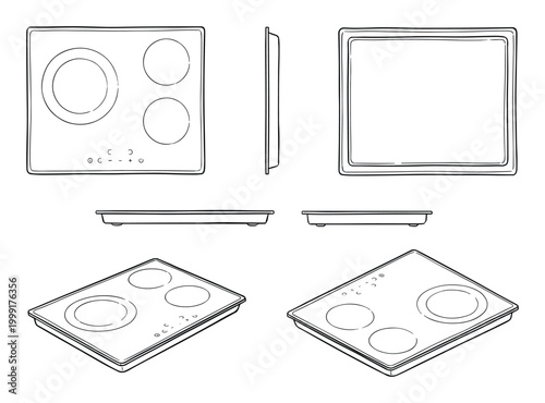 Detailed vector line art of a four burner electric cooktop with touch controls in various views.