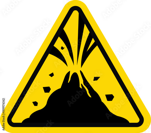 Volcano eruption warning sign with mountain explosion and falling ash icon for volcanic hazard