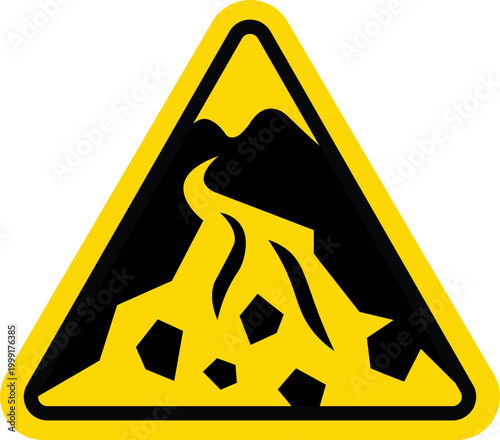 Yellow landslide warning sign with falling rocks and mudslide debris icon for natural hazard risk