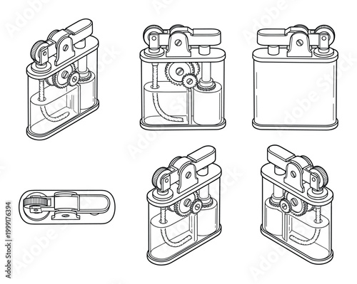 Detailed vector line art of an old mechanical lighter showing internal gears and fuel wick