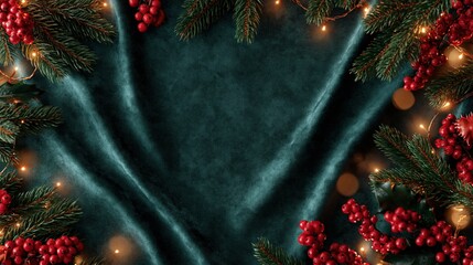 Christmas background with fir branches, red berries and fairy lights on dark green fabric, festive border with copy space for holiday greeting or advertising.