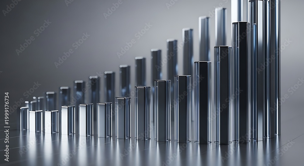 Obraz premium Modern 3D Business Bar Graph with Reflective Metallic Pillars Showing Upward Growth and Financial Success Trend