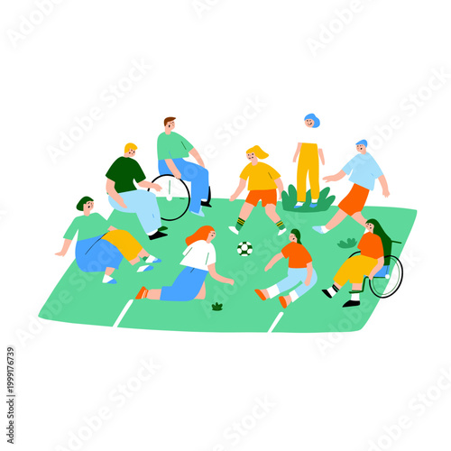 Diverse Group Playing Inclusive Soccer on Sunny Field