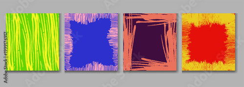 A set of four colorful abstract paintings on a gray background with vibrant green yellow blue and red brushstrokes