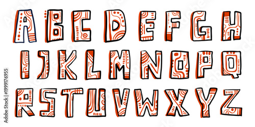 Children drawing font typography elements set. Ethnic motif pattern typeface vector illustration.