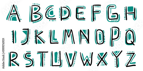 Hand drawn font set. Typography concept with ethnic motif element.