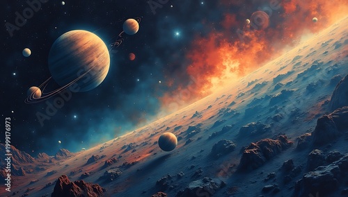 Vibrant Cosmic Scene with Planets and Nebulae.