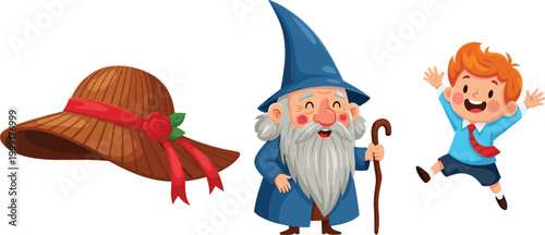 Straw hat, wizard character and happy boy jumping, playful cartoon vector illustration combining fantasy, fashion accessory and cheerful childhood themes