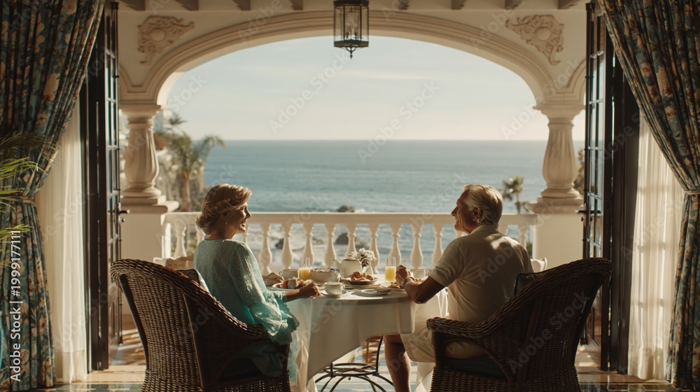 Obraz premium Senior couple enjoying breakfast on luxury hotel balcony with ocean view and warm morning light, perfect for travel lifestyle and retirement concepts.