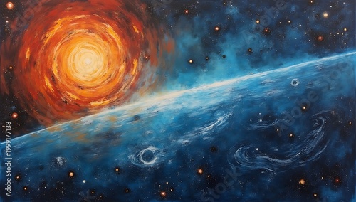 Vibrant Cosmic Painting Depicting a Fiery Nebula and Celestial Bodies.