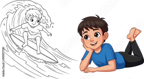 Photography Boy dreaming of surfing wave, imagination and hobby concept with cartoon charact