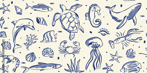 Seamless Pattern of Hand Drawn Marine Life.