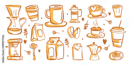 Hand Drawn Crayon Doodle Coffee Set. Cute cafe menu doodle vector elements.