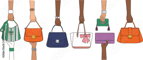 Women holding stylish handbags illustration, fashion accessories collection with diverse bags and hands, modern shopping and luxury style concept isolated on white background