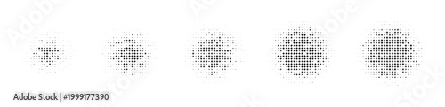 Five black halftone dot patterns in a horizontal row showing density and size progression.
